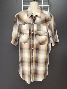 Men's Short Sleeve Plaid Button-Down Shirt - Tan/White/Gray, XLT